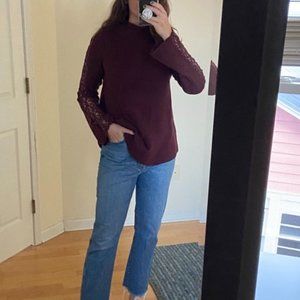 Merlot mock turtleneck sweater lace flare sleeve